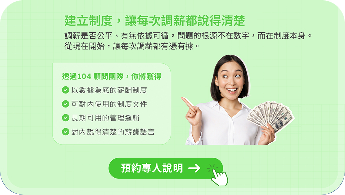 透過104顧問團隊,建立可驗證、可溝通的薪酬制度
