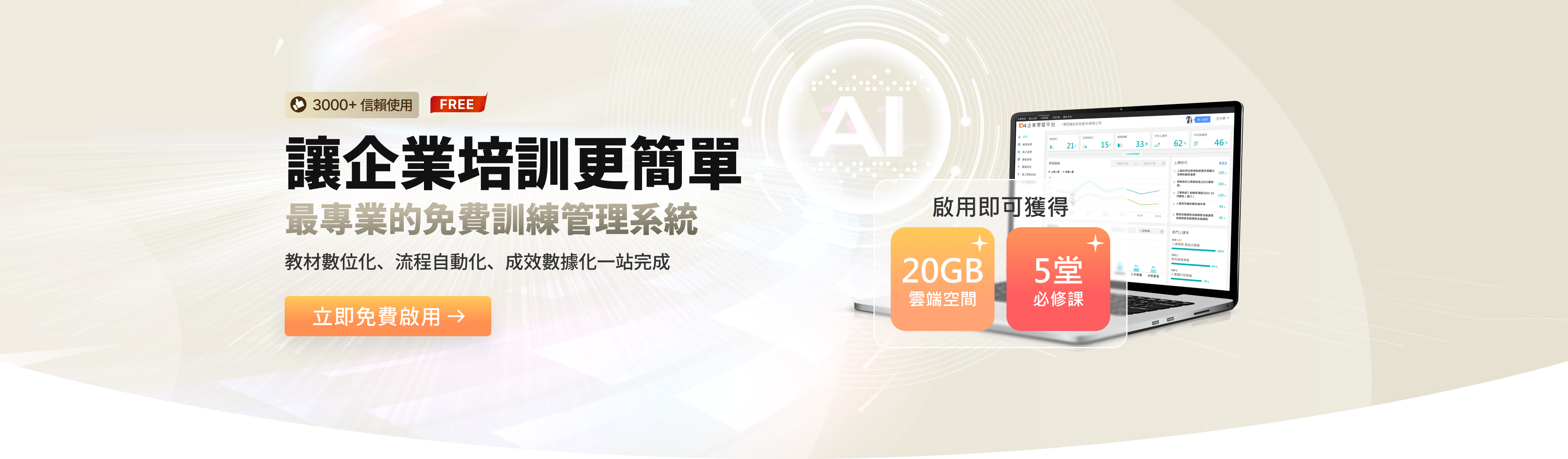 LMS企業培訓管理系統：數位化教材與自動化流程一站式平台，免費啟用即贈20GB雲端空間與5堂必修課