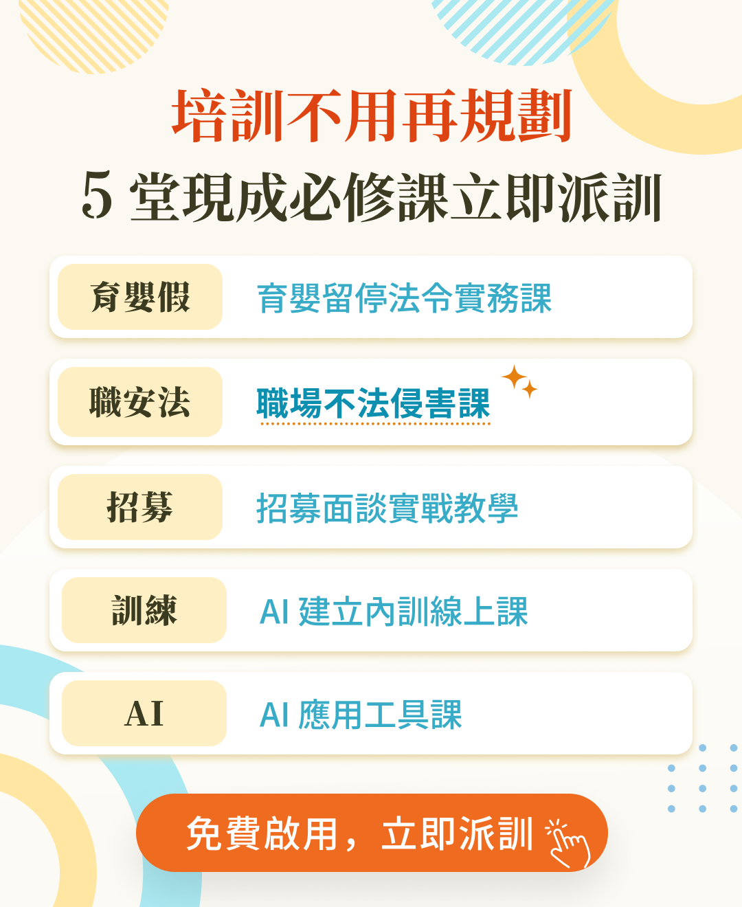 啟用 104企業學習平台（LMS）即贈 5 大必修課程，派訓、追蹤與學習管理一次完成
